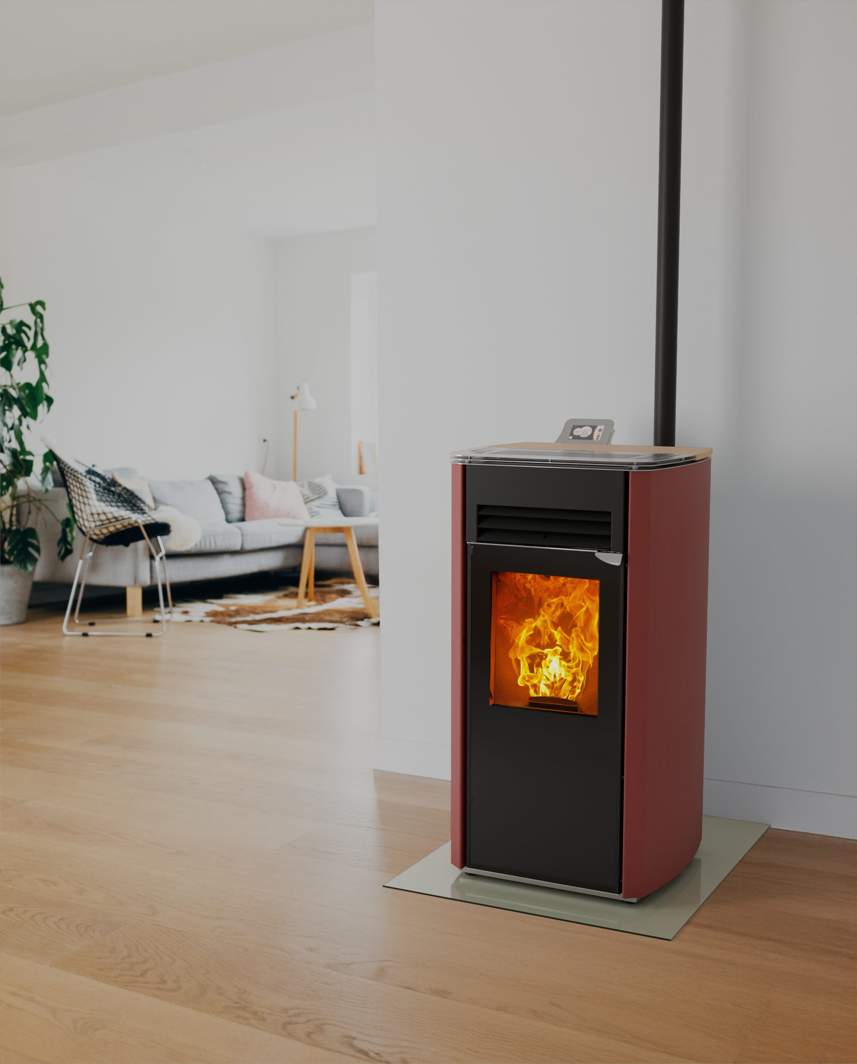 poêle à granulés canalisable 10kW HOBEN H9C couleur sable avec un homme et son fils